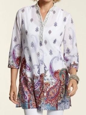 NWOT Pearl Sequined V-Neck Paisley Long Tunic Button Deja Blouse Sz 1 Medium 8